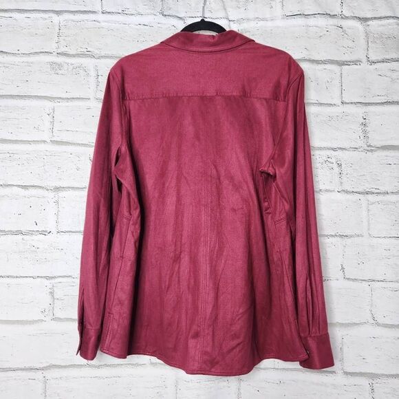 Foxcroft NYC Collared Chest Pocket Full Snap Button-Up Top Maroon Size 18 Suede - Picture 7 of 13